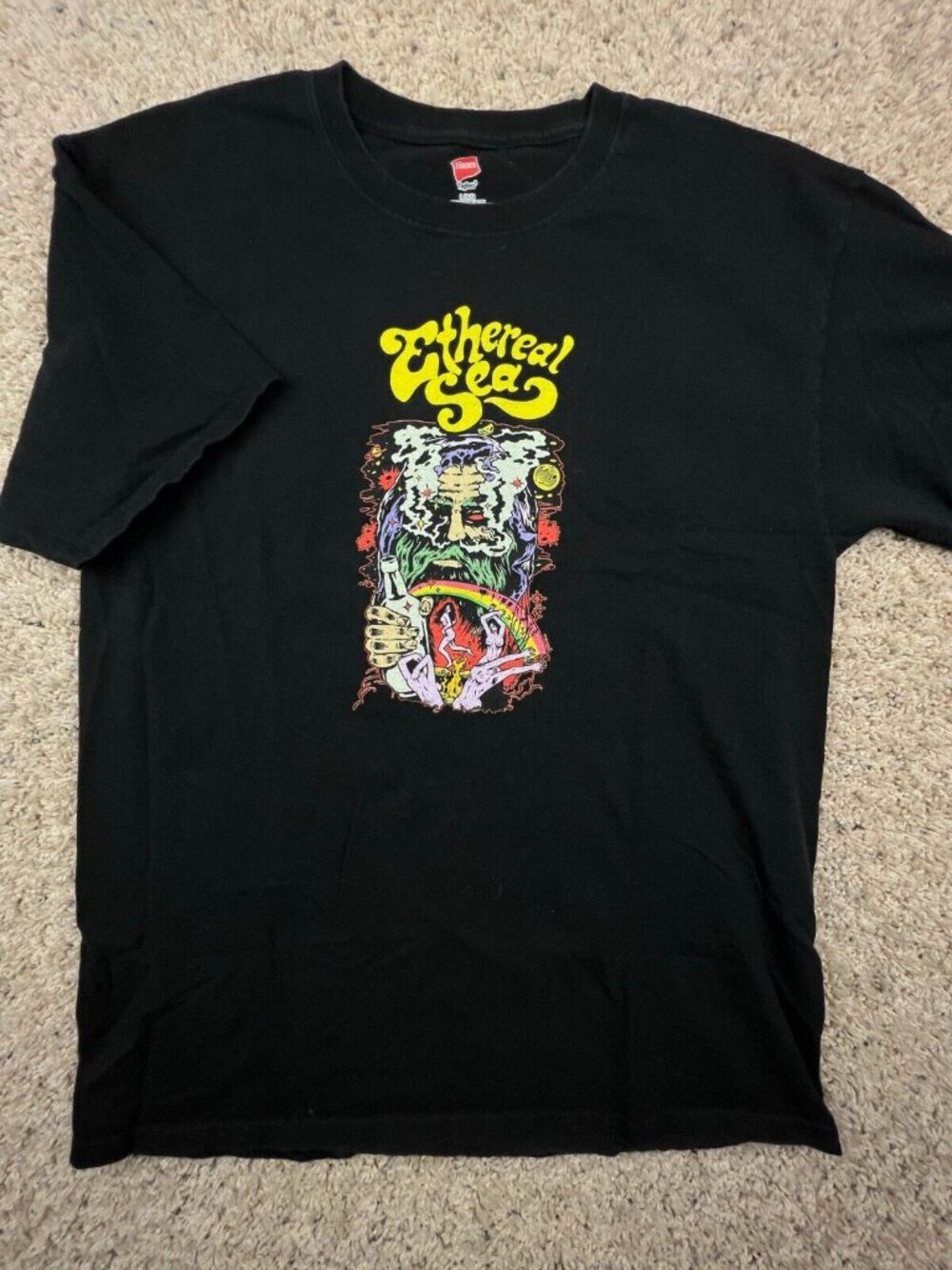 VTG Trippy Black Multicolored Print T-Shirt Men's Large Crew Neck Ethereal Sea
